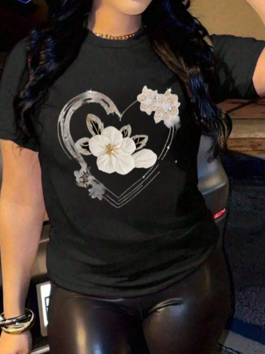 Short-Sleeved T-Shirt With Heart With Flower Print - 黑色 - 查看 1