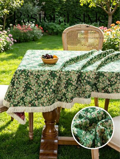 1pc Green Tablecloth, Floral Oil Painting Pattern, Romantic Fresh Cute, Tassel Decor, Suitable For Home & Dining Table Decor, Holiday & Party Decoration, All Seasons, Multiple Sizes Available