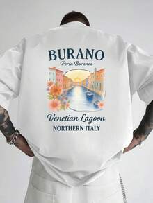 PLUS SIZE Men's T-Shirt With Double-Sided Italy Print, Lagoon Motif & Northern Italy, Relaxed Fit, Dropped Shoulders, Short Sleeves, Leisure, Sports, Travel, Machine Washable, Cotton - White - View 2