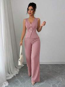 Elenzya Nuevo conjunto de traje formal de mujer a rayas azul marino y blanco, diseño de cintura ceñida y línea A, elegante chaleco sin mangas a rayas para el viaje diario, estilo callejero francés vintage para negocios. Adecuado para verano, Día de la Independencia, graduación y temporada de vuelta al colegio. El atuendo de otoño para mujer presenta decoración de botones metálicos, sofisticado y elegante, adecuado para la oficina, el viaje, el estilo callejero, lo francés romántico, lo casual, lo vintage de Oriente Medio, el té de la tarde, las fiestas, Acción de Gracias y la primavera/verano. - Rosa - Ver 6