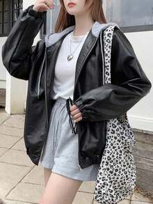 -Less Chaqueta de piel de imitación con bolsillos en ángulo, ropa de mujer de otoño - Negro 2 - Ver 3