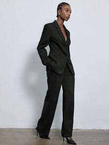 Conjunto de traje verde oliva, artesanía de confección exquisita, estilo de moda minimalista, adecuado para el lugar de trabajo, negocios y ocasiones formales, diseño de cuello de traje clásico, cierre de una hilera, chaqueta de traje de corte slim combinada con pantalones rectos de cintura alta, tela suave y texturizada, puede ser mezcla de lana o mezcla de poliéster, Palabras clave: Traje verde oliva, conjunto para el lugar de trabajo, traje de negocios, traje slim, pantalones de cintura alta, pantalones rectos, moda minimalista, conjunto de traje de mujer, traje de primavera y otoño. - Negro - Ver 1