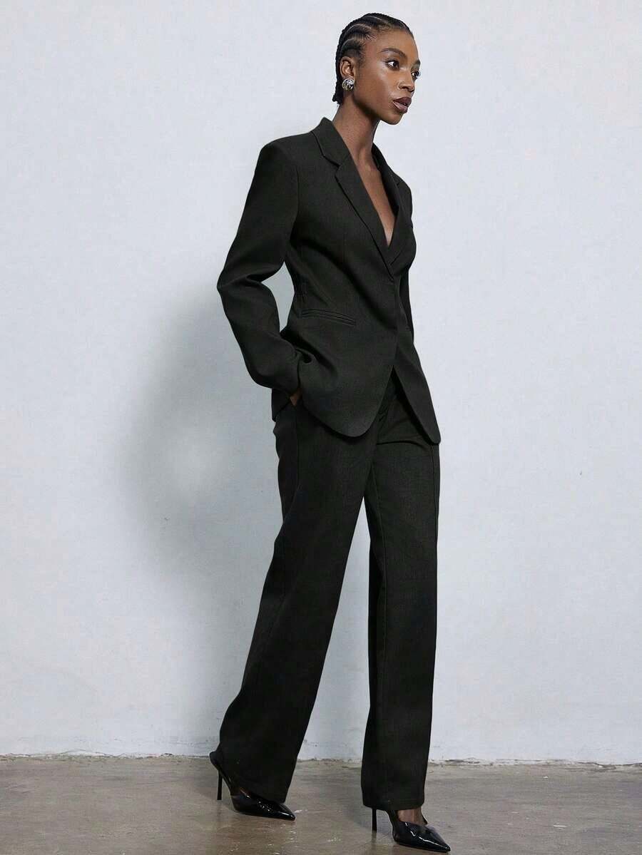 Conjunto de traje verde oliva, artesanía de confección exquisita, estilo de moda minimalista, adecuado para el lugar de trabajo, negocios y ocasiones formales, diseño de cuello de traje clásico, cierre de una hilera, chaqueta de traje de corte slim combinada con pantalones rectos de cintura alta, tela suave y texturizada, puede ser mezcla de lana o mezcla de poliéster, Palabras clave: Traje verde oliva, conjunto para el lugar de trabajo, traje de negocios, traje slim, pantalones de cintura alta, pantalones rectos, moda minimalista, conjunto de traje de mujer, traje de primavera y otoño. - Negro - Ver 1
