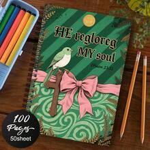 1 pieza Cuaderno de espiral, con diseño de pájaros verdes y blancos sobre fondo marrón con cruz, decorado con cinta rosa y hojas doradas, regalo ideal para hombres y mujeres, apto para uso escolar y de oficina - D - Ver 4
