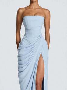 Vestido bandeau romántico francés con pliegues asimétricos y abierto alto - Azul - Ver 2