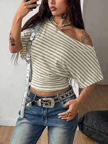 Camiseta esencial de uso diario con cuello asimétrico y cintura ceñida, apta para todo el año, para conciertos y raves con estilo Y2K para mujeres - Multicolor 13 - Ver 4