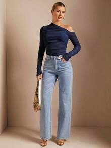 Camiseta Ajustada De Cuello Asimétrico Y Con Pliegues Y Perspectiva Para Mujeres - Azul marino - Ver 3