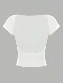 4 piezas Camisetas de mujer de cuello redondo, ajustadas, con espalda descubierta y diseño minimalista de patrones, adecuadas para el verano - Multicolor 16 - Ver 7