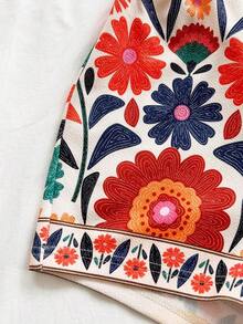 Conjunto informal de 2 piezas de top tubo corto anudado de unicolor y shorts con estampado floral para vacaciones de mujer - Blanco - Ver 3