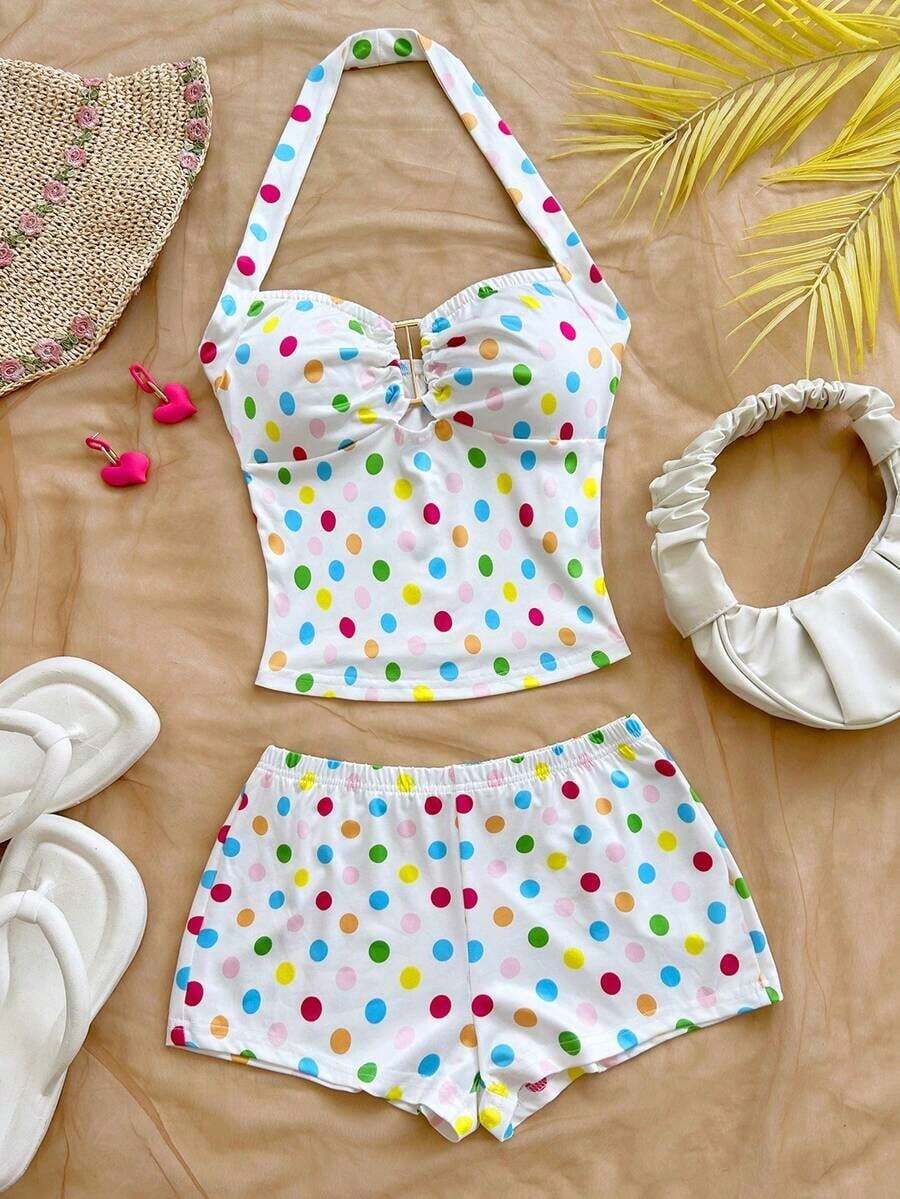 Conjunto Casual de 2 Piezas para Mujer: Top Halter a Rayas y Shorts para Vacaciones - Multicolor 5 - Ver 1