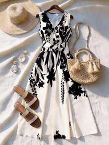 Vestido casual de mujer sin mangas con estampado de posicionamiento simple, vestido acampanado con cintura ceñida, adecuado para verano casual, vacaciones, primavera/verano, oficina, diario, fiesta, playa, graduación, uso versátil de oficina, ves - Multicolor 5 - Ver 4