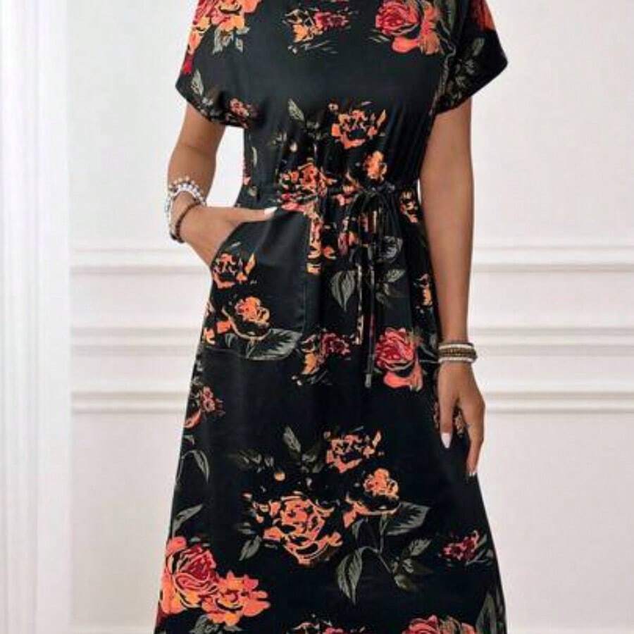 Women's Casual Striped Drawstring Waist Mid-Length Dress, Vacation Wear - Negro - Ver 1