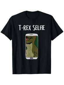 Funny T-Rex Dinosaur T-Shirt For Selfies - Smiling Tyrannosaurus Rex Print T-Shirt, Casual Crew Neck T-Shirt For Christmas And New Year Gifts - 黑色 - 查看 8