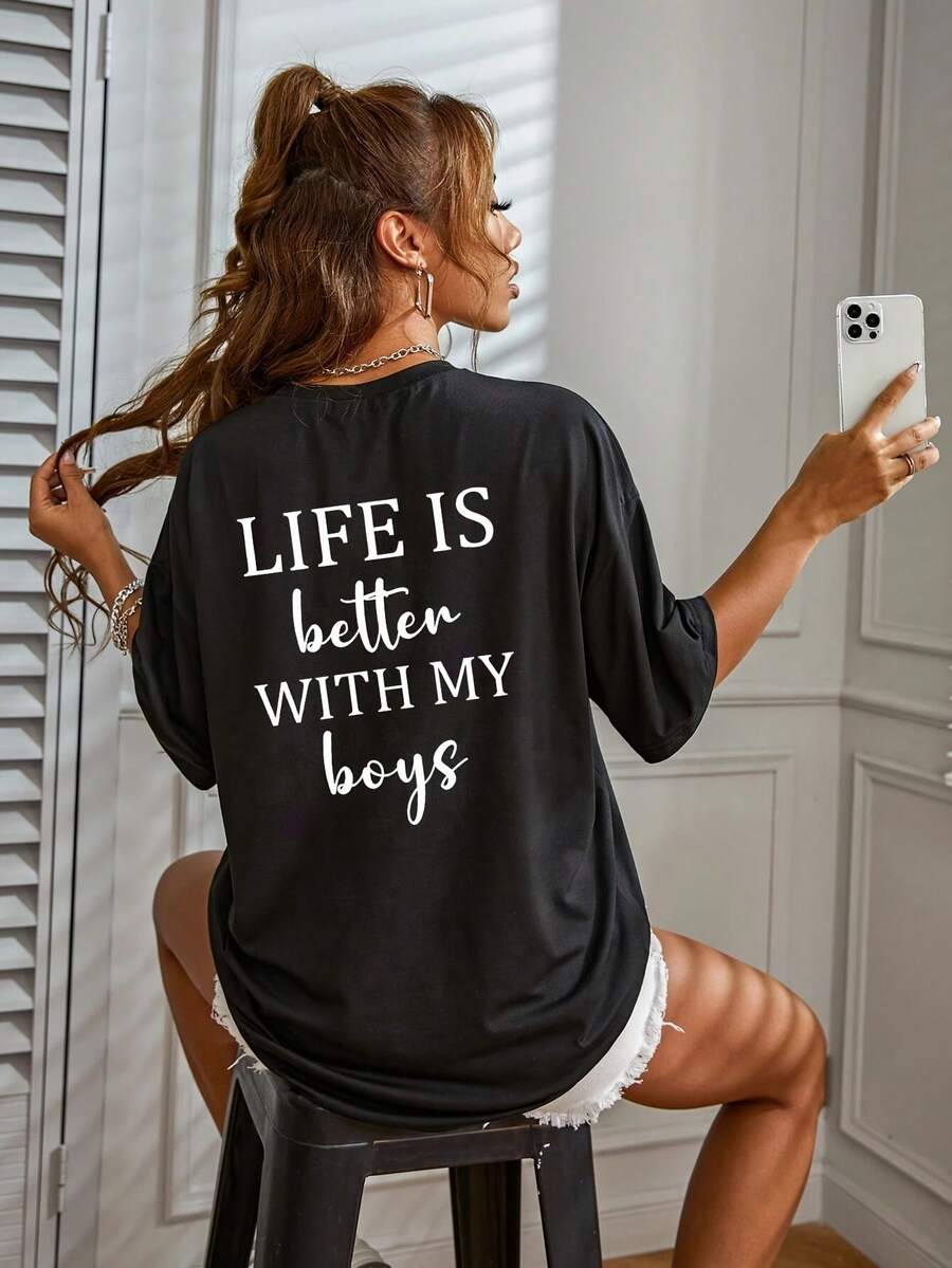Camiseta Casual de Corte Holgado para Mujer con Estampado "LIFE IS BETTER with MY S" - Letras en Blanco y Negro, Cuello Redondo, Manga Corta, Tela de Elasticidad Media, Lavable a Máquina, Top de Primavera/Verano, Ropa Casual, Estilo Relajado Y2k - Blanco - Ver 1