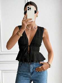 Blusa de verano con diseño de volantes y lazo, cuello en V romántico francés, cintura ajustada con lazo, sin mangas, diseño de bordado 3D plisado, color crema, fresca, estilizadora y dulce, top casual para verano, salir, playa, vacaciones, vacacio - Negro - Ver 4
