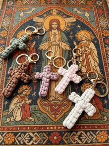 1pc/2pcs Handmade Woven Cross Keychain, Jesus Cross Keychain, Christian Car Key Chain, Bag Charm, Bohemian Soft Cross Keyring, Gift For Women Men, Holiday Decor, Birthday Gift, Couple Gift, Wedding Favor, Party Giveaway, Friend Gift - Multicolor - View 2