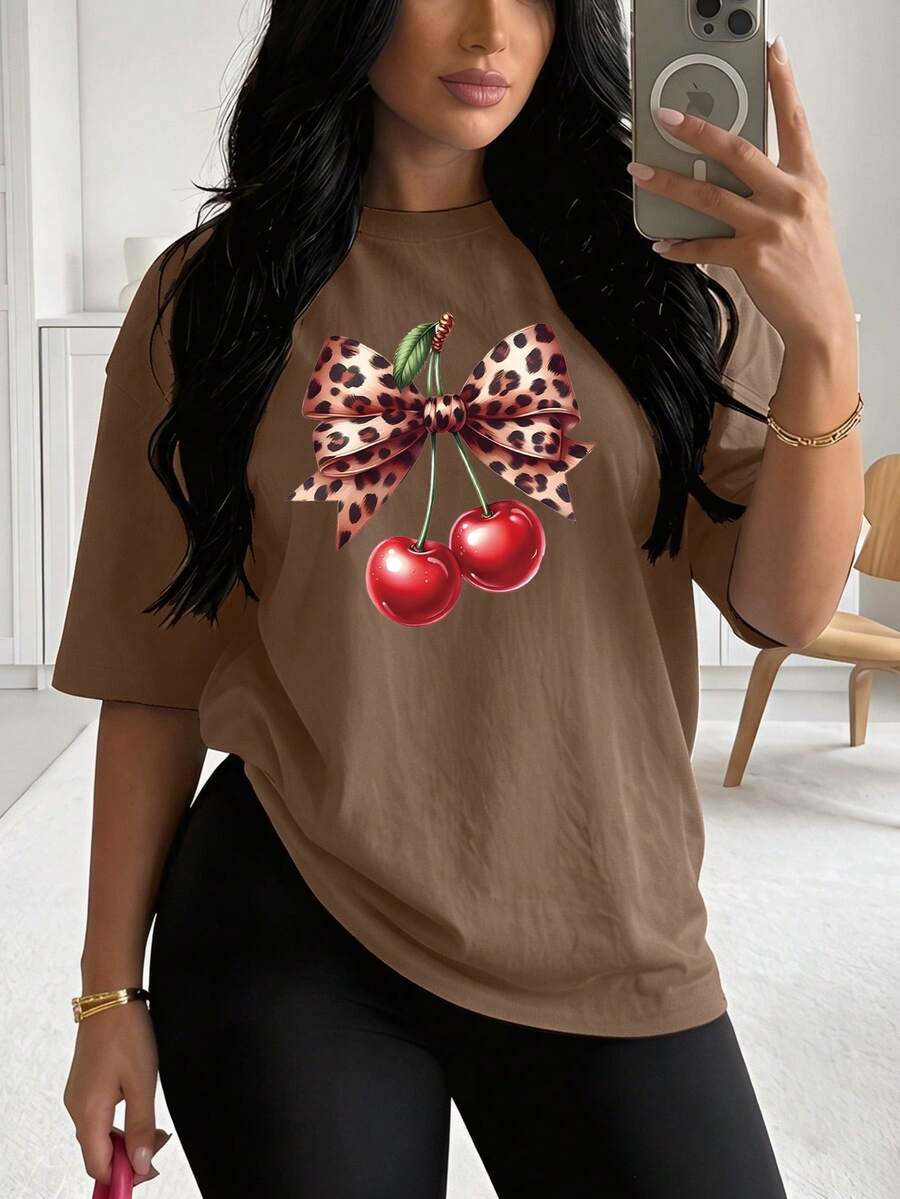 Camiseta oversize para mujer Playera casual de manga corta Camiseta con estampado de cerezas Diseño de lazo de leopardo con cerezas Estilo juvenil / chic / audaz Camiseta holgada para mujer - YH333-Marrón - Ver 1