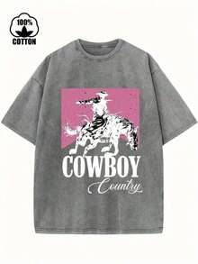 Y2k Women's Clothing, Country Denim Style Printed T-Shirt, 1 Piece, 230g Washed, High Quality Wax Print Cotton T-Shirt, Retro Fashion Brand, Suitable For Summer, T-Shirt With Some Thickness, Holiday Gift, Loose And Comfortable, Women's Summer Tops, Vintage Tops - High Quality And Breathable - 深灰色 - 查看 1