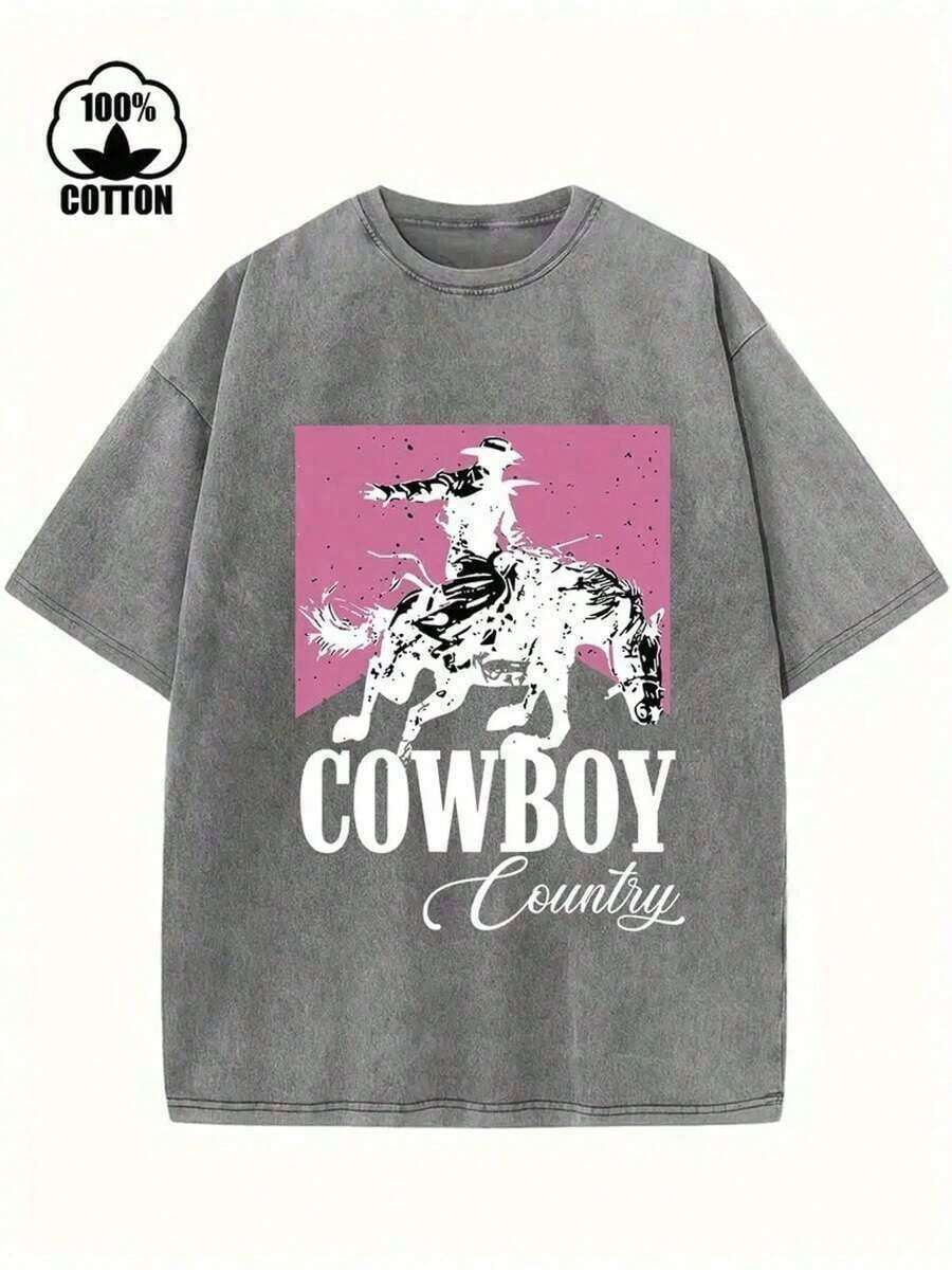 Y2k Women's Clothing, Country Denim Style Printed T-Shirt, 1 Piece, 230g Washed, High Quality Wax Print Cotton T-Shirt, Retro Fashion Brand, Suitable For Summer, T-Shirt With Some Thickness, Holiday Gift, Loose And Comfortable, Women's Summer Tops, Vintage Tops - High Quality And Breathable - 深灰色 - 查看 1