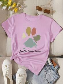 1 pieza009 [Nueva camiseta de manga corta con estampado de huella de perro, versátil, elegante, rejuvenecedora para mujer, verano] 180g 100% Algodón - Negro - Ver 7