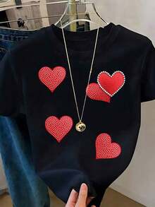 Respirable Playera Blanca de Mujer con Gráfico de 4 Corazones Rojos de Brillo y Borde Plateado, Camiseta de Estilo Aesthetic Brillante Manga Corta, Top Romántico y Femenino, Blusa Casual de Moda, ropa de calor mujer - Negro 4 - Ver 6