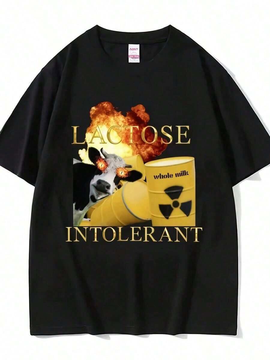 Camiseta para Hombre con Estampado Divertido "Intolerante a la Lactosa" - Manga Corta Casual, Cuello Redondo, Algodón, Lavable a Máquina, Comodidad para Todas las Temporadas, Confort Diario | Impresión Humorística | Parte superior lavable a máquina - Negro - Ver 1