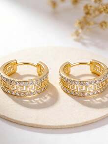 1 Pc Vintage Greek Key Motif Wide Earrings, Silver And Gold-Toned Earrings Jewelry For Women's Parties, Daily Leisure, And Vacations - Multicolor - View 10