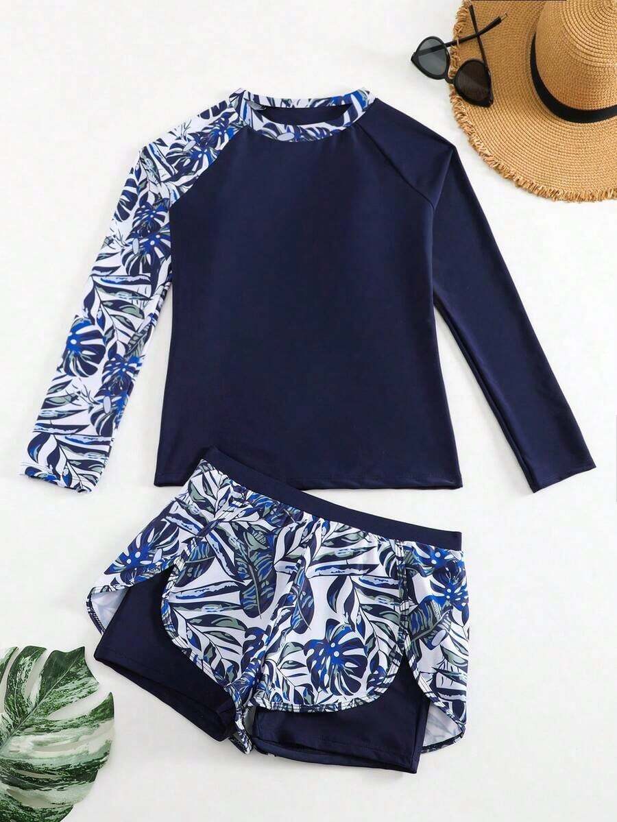 Conjunto de tankini de traje de baño de manga larga con estampado tropical y patchwork para vacaciones de verano en la playa - Azul marino - Ver 1