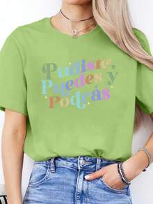 Camiseta casual de primavera-verano con estampado de letras en español, camiseta deportiva de manga corta con cuello redondo, top para mujer, blusas para mujer. - Blanco - Ver 11