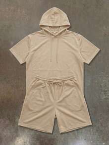 Bộ đồ nam mùa hè FRACTYR gồm áo hoodie và quần short cạp chun màu trơn, thoải mái và thoáng khí, thích hợp cho mùa hè. - Màu be - Xem 6