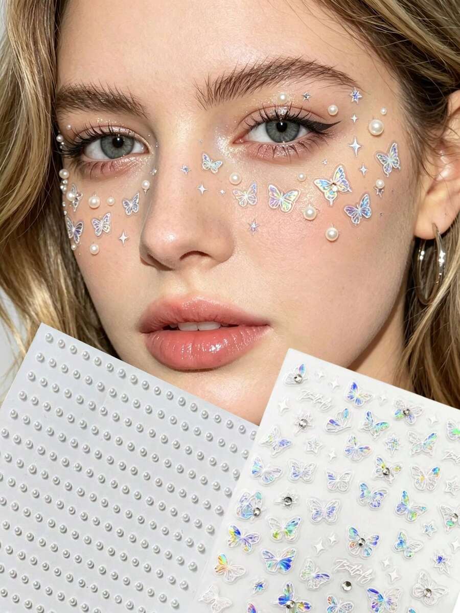 1pc Iridescent Butterfly Pearl Face Sticker, Self-Adhesive Makeup Decor Sticker For Stage, Music Festival, Party, Waterproof & Long-Lasting, Influencer Same Style Eyeshadow Sticker - Multicolor - View 1