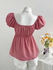 Blusa de manga corta con estampado de lunares y cuello cuadrado cómoda para mujer - Rosa vieja - Ver 2