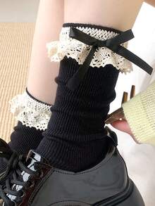 1 Pair/2 Pairs Black Lace Bow Ruffle Mid-Calf Socks, Sweet Short Socks, Spring/Summer Style For Women - Multicolor - View 6