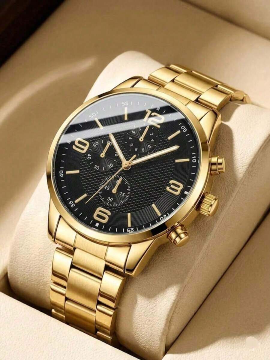1pc Fashionable Gold Business Men's Quartz Watch, Stainless Steel Band, Suitable For Daily, Business, Casual Occasions, Also Can Be Given As Birthday Gift Or Valentine's Day Gift To Boyfriend - Multicolor - View 1