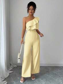 Mono de mujer con diseño casual apropiado para vacaciones de primavera/verano, adecuado para la oficina, el transporte, la playa y la hora del té de la tarde, con tirantes de espagueti, cintura con doble volante y silueta recta y suelta - Amarillo - Ver 6