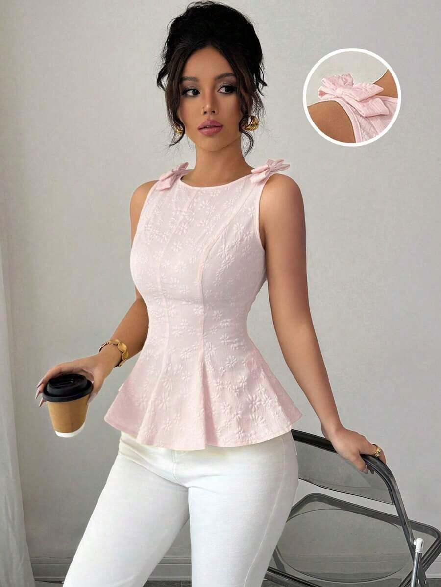 blusa de mujer con estampado floral de textura tejida, con tirantes con lazo, diseño de dobladillo con volantes en la cintura, elegante y versátil para vacaciones y uso casual - Rosa - Ver 1
