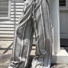 Tall Women's High-Waist Striped Linen Wide Leg Pants, Beach Vacation Casual Countryside Style, Elegant And Natural, Random Floral Pattern, Summer Fall Women Clothes Back To School - Verde militar - Ver 11