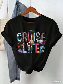 Women's "Cruise Life" Letter Print Crew Neck Short Sleeve T-Shirt - White And Navy, Off-Shoulder Crop Top For St. Patrick's Day - 黑色 - 查看 1