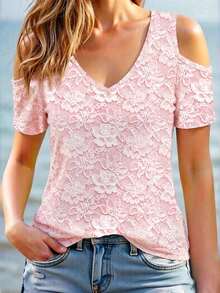 Camiseta de manga corta casual con cuello de corazón y hombros descubiertos, con estampado total de encaje floral 3D, adecuada para primavera/verano, viajes y salidas - Rosa 2 - Ver 1