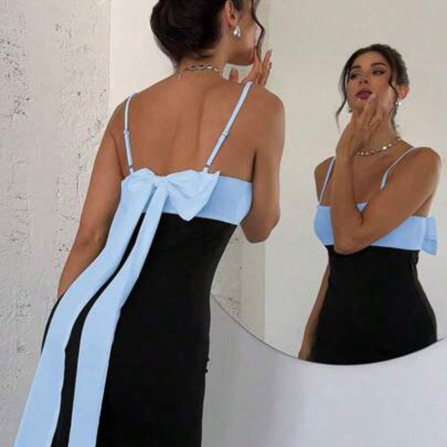 Women's Elegant Minimalist Exquisite Romantic Sweet Wedding Ceremony Party Vacation Backless Colorblock Bow Decor Black & White Spaghetti Strap Long Dress, Spring/Summer,Party Dress Fashion Clothing Summer Outfits Spring Outfits For Women Wedding Guest Dress Summer Holiday - Azul - Ver 1