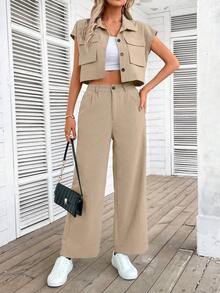 2 piezas Conjunto de top y pantalones de verano de mujer con diseño de bolsillo y abotonadura sencilla - Caqui - Ver 6