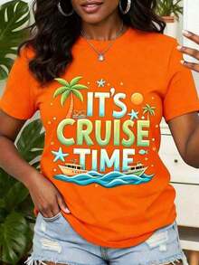 Cruise Ship T-Shirt With It's Cruise Time Tropical Palm Tree And Boat Print Perfect For Vacation, Beach, And Summer Travel Outfits, Women's T-Shirts, Festive Celebration Wear, Graphic Tees Women, Summer Outfits, Graphic Tees Women, Summer Outfits For Women, Tshirts For Women - trái cam - Xem 1