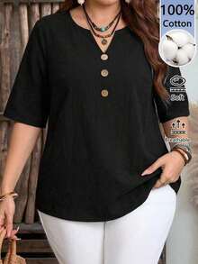 Camisa de mujer de estilo minimalista casual con microrayas azules, adecuada para primavera/verano, con vibra de resort - Negro - Ver 1
