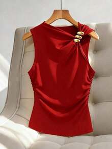 Blusa sin mangas con escote en V y decoración metálica minimalista y elegante, adecuada para el trabajo - Rojo - Ver 1