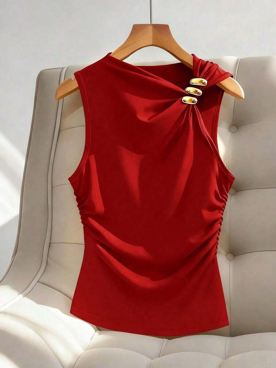 Blusa sin mangas con escote en V y decoración metálica minimalista y elegante, adecuada para el trabajo - Rojo - Ver 1