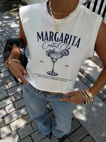 Top sin mangas casual y minimalista para mujer con estampado de cóctel - Estilo deportivo versátil para vacaciones de primavera, boda en una isla tropical, aniversario, fiesta de damas de honor, cita nocturna, invitada de boda, despedida de soltera, festival de música bohemio y uso elegante de verano - Blanco - Ver 1