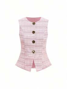 Conjunto de 2 piezas para mujer: Chaleco de metal de un solo pecho y shorts para el verano - Rosa - Ver 3