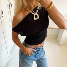 Women's Casual Elegant Asymmetric Ruched Cropped Top, Suitable For Summer, Suitable For Everyday Wear Brown - Marrón - Ver 6