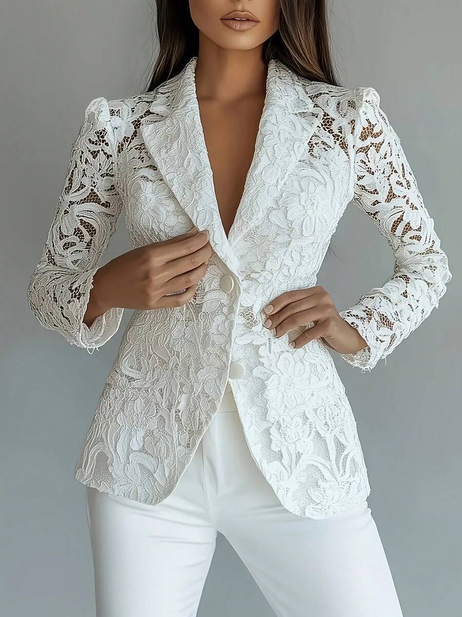 Women's Elegant Semi-Sheer Lined Blazer Jacket, Spring/Summer Hollow Out Lace Blazer Jacket - White - View 1