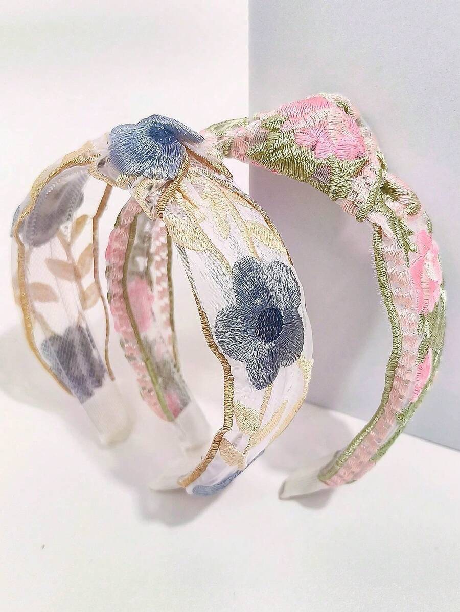 2 piezas de diademas de malla bordadas con flores dulces para niñas, diademas de moda, simples y versátiles - Multicolor - Ver 1
